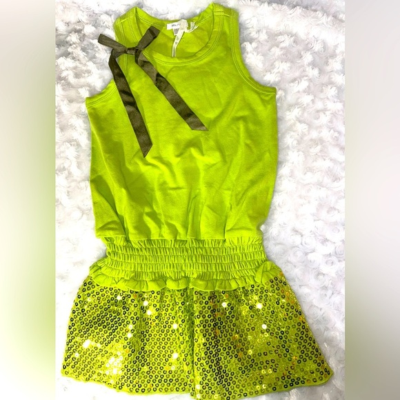 Microbe Italian Brand Girls Sleeveless Ruched Waist Green Sequin Dress - Picture 1 of 9